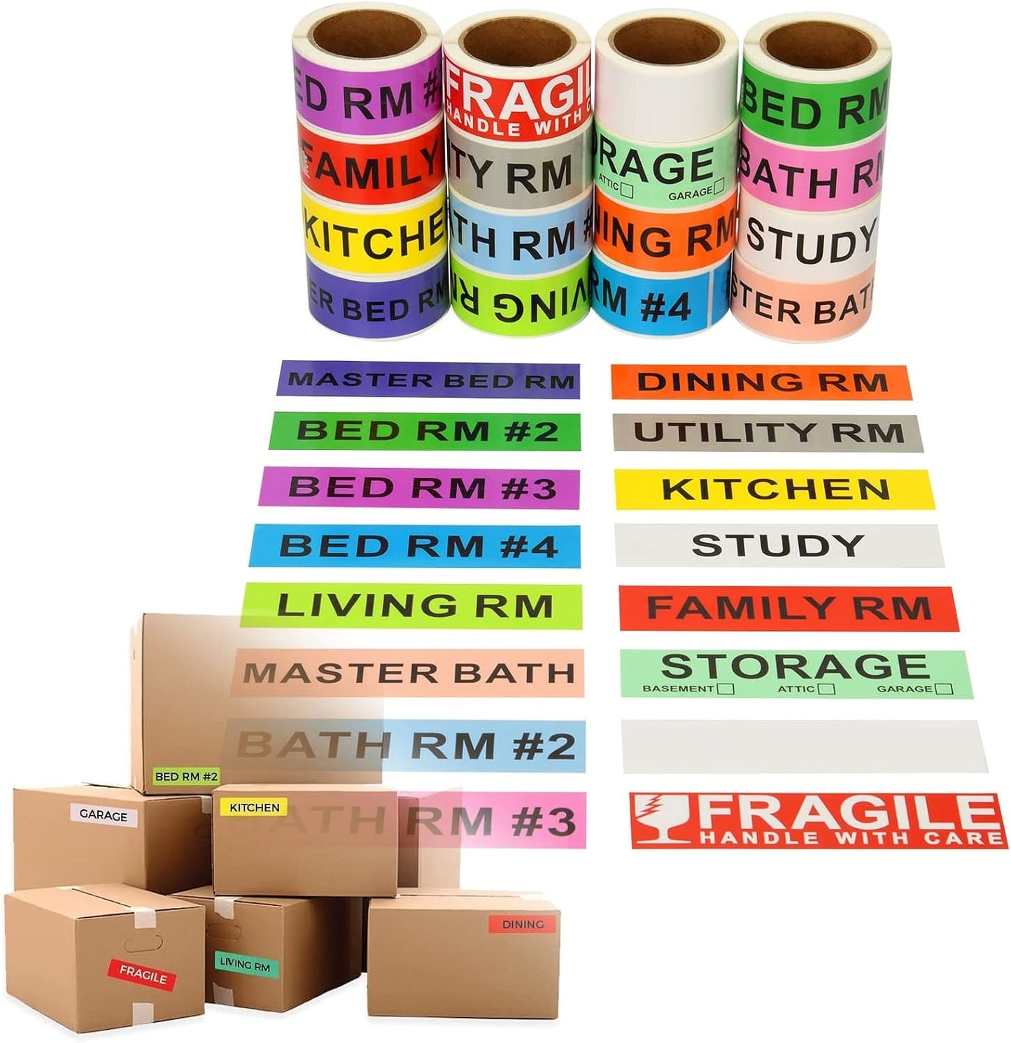 960 Count Home Moving Color Coding Labels - 14 Different Living Spaces Packing Boxes Moving Stickers + 1 Roll Fragile Stickers + 1 Roll Blank Label for Customization - 16 Rolls Total, 60 Labels/Roll