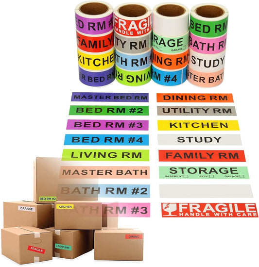 960 Count Home Moving Color Coding Labels - 14 Different Living Spaces Packing Boxes Moving Stickers + 1 Roll Fragile Stickers + 1 Roll Blank Label for Customization - 16 Rolls Total, 60 Labels/Roll