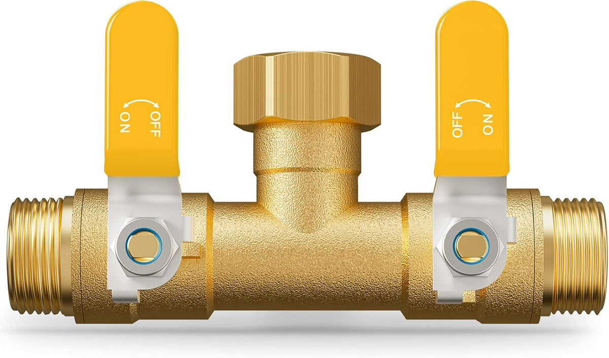 Hose Splitter 2 Way, Heavy Duty Brass Garden Hose Splitter, Water Hose Bib Spigot Splitter with 0.59" Full Flow Ball Valve Outlet & Shut-Off Valve 3/4'' Connector Outdoor Water Faucet Adapter
