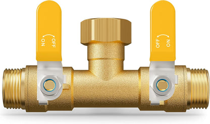 Hose Splitter 2 Way, Heavy Duty Brass Garden Hose Splitter, Water Hose Bib Spigot Splitter with 0.59" Full Flow Ball Valve Outlet & Shut-Off Valve 3/4'' Connector Outdoor Water Faucet Adapter