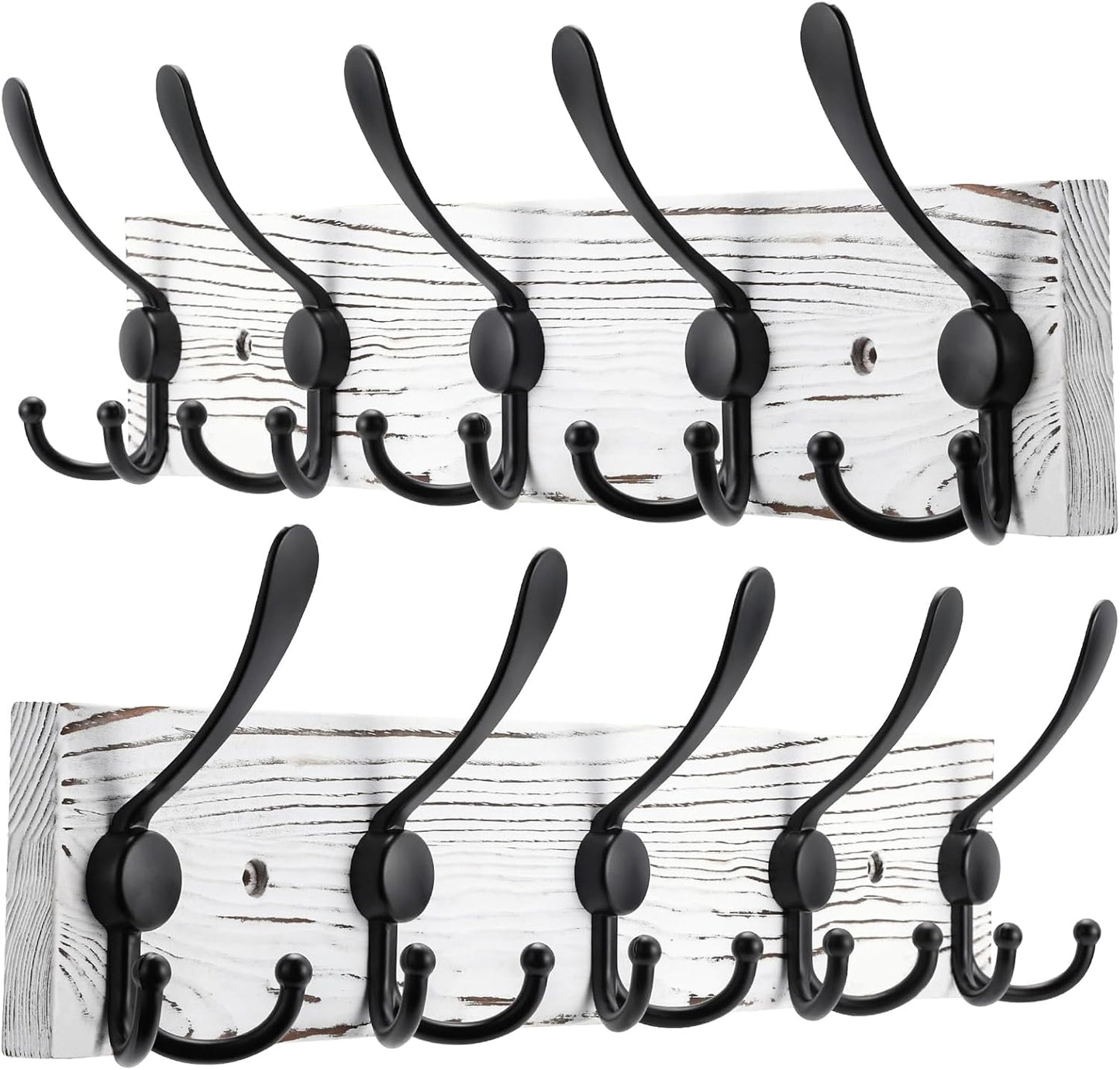 Kuhome 2pcs Coat Rack Wall Mount Wooden Hat Rack for Wall Hooks Pine Real Wood Plank 16.9" Brown Coat Hanger with 5 Triple Hooks for Hanging Coat Hat Jacket
