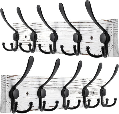 Kuhome 2pcs Coat Rack Wall Mount Wooden Hat Rack for Wall Hooks Pine Real Wood Plank 16.9" Brown Coat Hanger with 5 Triple Hooks for Hanging Coat Hat Jacket