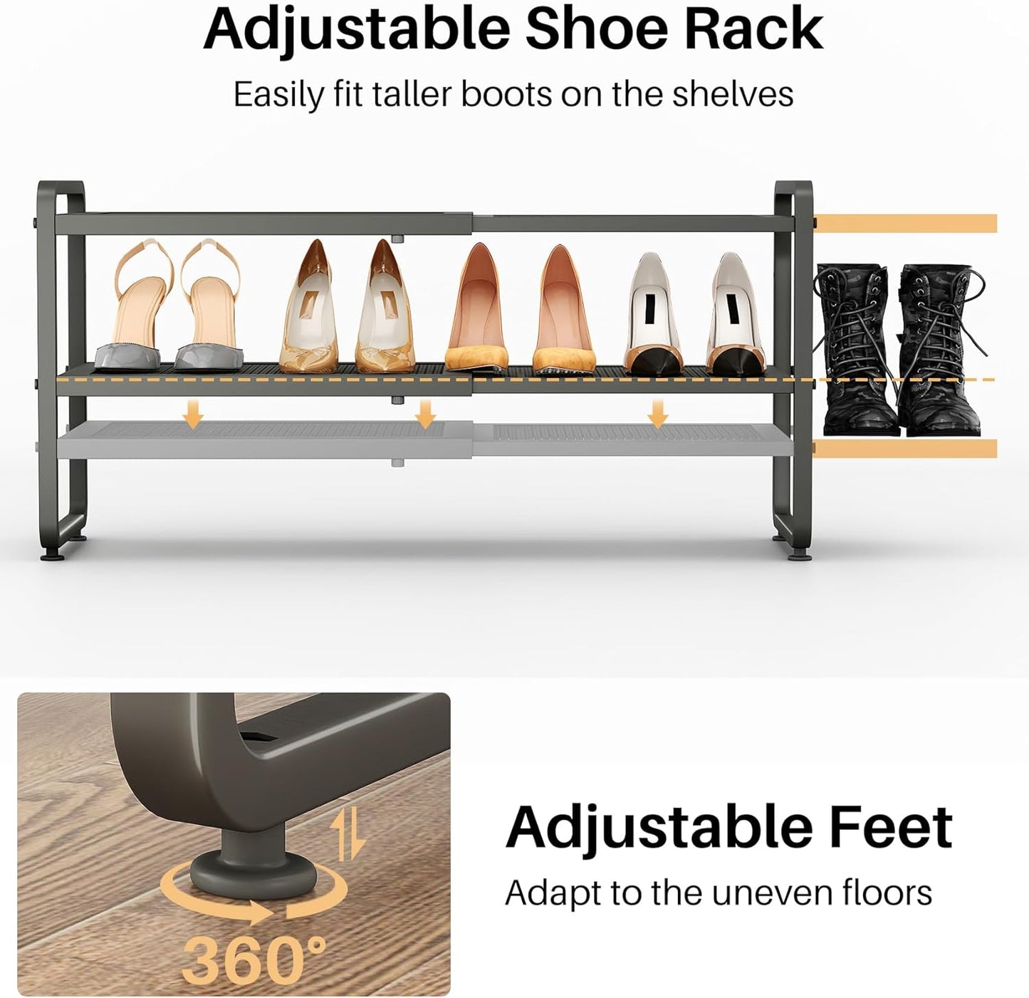 SNTD Shoe Rack - Expandable Shoe Organizer for Closet, Adjustable Metal Shoe Shelf Storage, Stackable Long Shoe Stand Holder for Garage, Entryway, Door Entrance (Black, 2-Tier)