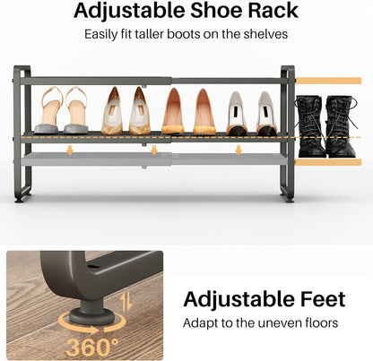 SNTD Shoe Rack - Expandable Shoe Organizer for Closet, Adjustable Metal Shoe Shelf Storage, Stackable Long Shoe Stand Holder for Garage, Entryway, Door Entrance (Black, 2-Tier)