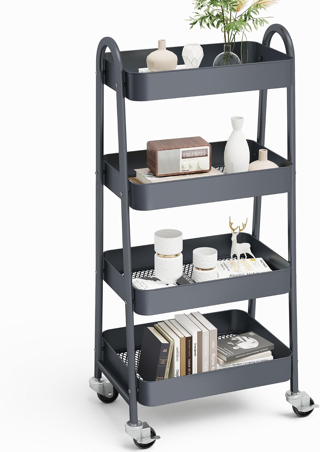 OLIXIS Metal 4 Tiers Utility Rolling Cart, Mobile Storage Shelf with Lockable Caster Wheels, Organization for Livingroom, Bathroom, Kitchen, & Narrow Places, 4-Tier Green