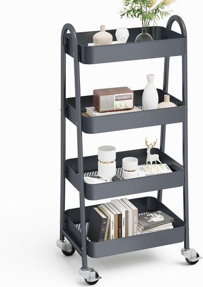 OLIXIS Metal 4 Tiers Utility Rolling Cart, Mobile Storage Shelf with Lockable Caster Wheels, Organization for Livingroom, Bathroom, Kitchen, & Narrow Places, 4-Tier Green