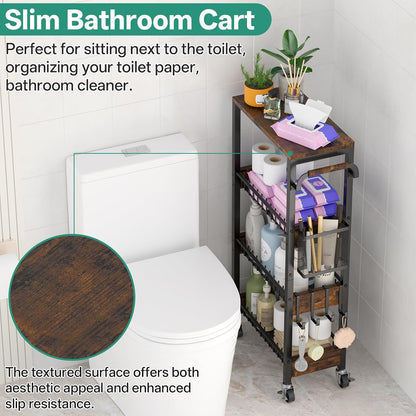 DTUQYX Slim Rolling Storage Cart, 4 Tier Small Organizer Cart with Wheels, Metal Utility Shelf Kitchen Bathroom Laundry Room Organization Trolley with Handle for Narrow Space (9.1" W Metal Basket)