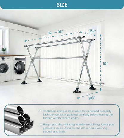 95 Inch Windproof Clothes Drying Rack, Heavy Duty Stainless Steel Folding Laundry Drying Rack for Indoor Outdoor Use, Collapsible Clothes Rack with 20 Hooks & 12 Clips