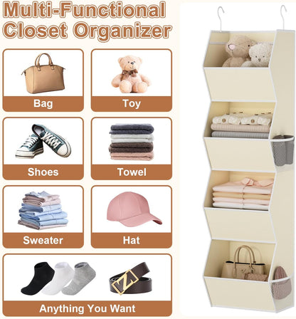 Hanging Closet Organizer 4 Shelf Collapsible Bedroom Closet Organizers and Storage Hanging with Mesh Pockets for Clothes, Fabric Hanging Storage Bins for Wardrobe Closet Organization and Storage, Grey