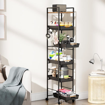 6 Tier Slim Storage Cart with Pull-Out Baskets Rolling Cart with Wheels Wood Top Narrow Utility Cart Metal Shelving Units for Pantry Laundry Room Bathroom Kitchen White 8in(W)
