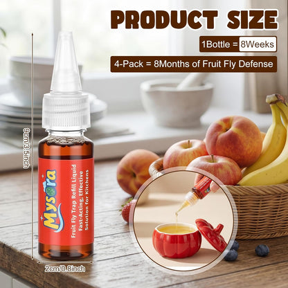 4 Pack Fruit Fly Trap Refill Liquid, 0.68 Ounces Per Bottle, Effective Fruit Fly Bait Refill, Suitable for Indoor Use, Kitchen Countertops, and Home Environments, Non-Toxic