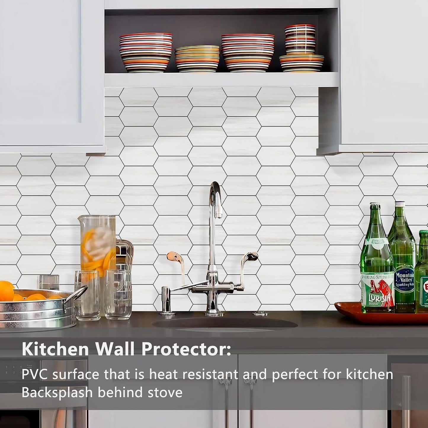 Vamos Tile Long Hexagon Peel and Stick Backsplash Tile - 10 Sheets Stick on Backsplash for Kitchen and Bathroom 12.4 x 12 Inch Glossy Wood Grain PVC Self Adhesive Mosaic Wall Tiles