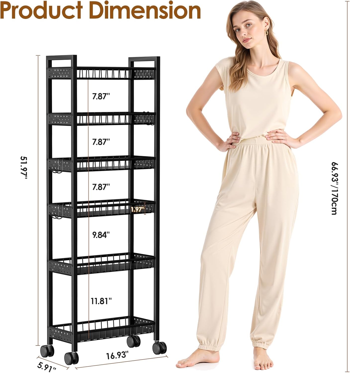 Slim Storage Rolling Cart, 4 Tier Narrow Cart with Wheels, Metal Kitchen Rolling Cart for Small Spaces, Slide Out Storage Shelves for Kitchen, Laundry Room, Bathroom, Living Room, 7.1in(W)