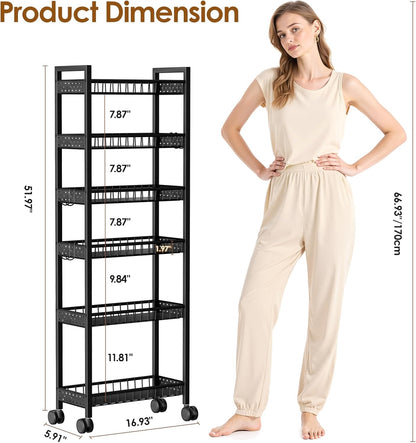 Slim Storage Rolling Cart, 4 Tier Narrow Cart with Wheels, Metal Kitchen Rolling Cart for Small Spaces, Slide Out Storage Shelves for Kitchen, Laundry Room, Bathroom, Living Room, 7.1in(W)