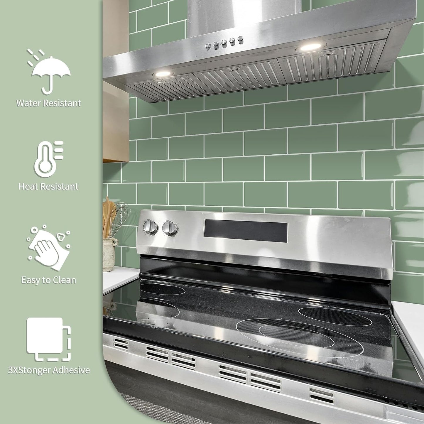 10-Sheet Thick Peel and Stick Kitchen Backsplash Tiles(Green,12"×12") | 3D Subway Waterproof Self-Adhesive Wall Tile Stick on Backsplash for Kitchen and Bathroom