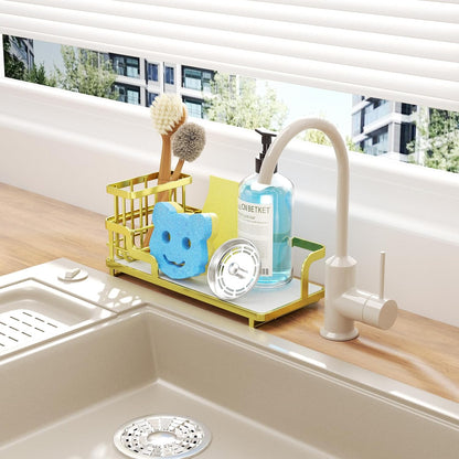 Consumest Sponge Holder for Kitchen Sink - Sink Caddy Organizer with Water Absorbing Stone Tray, Detachable Brush Holder, Stainless Steel Kitchen Counter Organizer Rack, Black