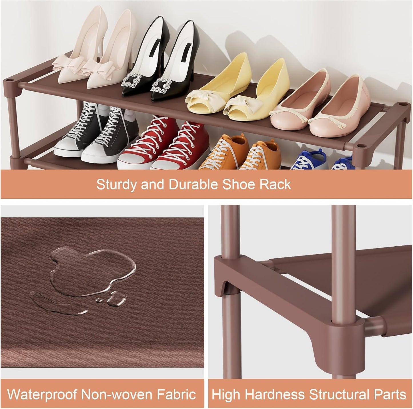 32.3" Widening Design Shoe Rack for Closet 16 Pairs Small Spaces Non-Woven 3 Tier Shoe Organizer Stackable Metal Shoe Shelf for Entryway, Bedroom