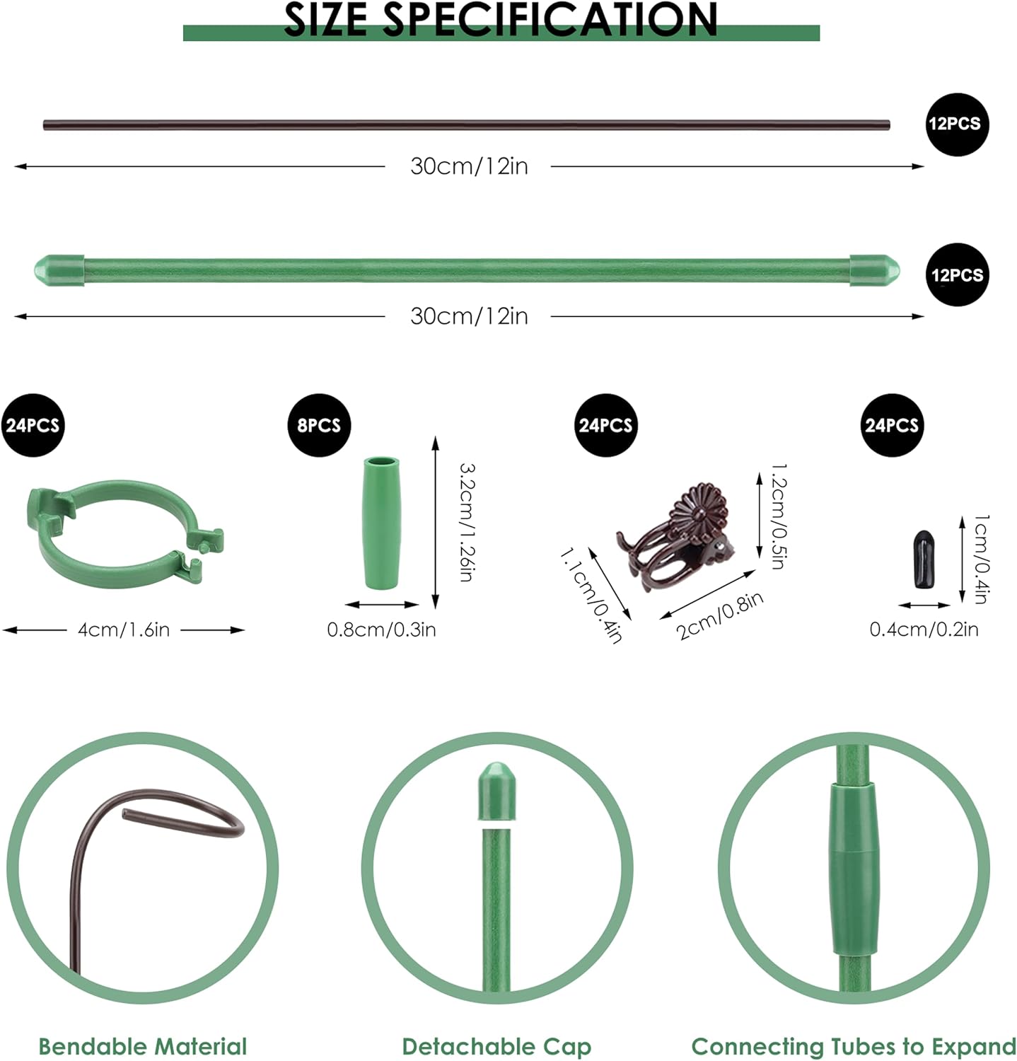 20 Set Plant Stakes 12 inch Extendable Plant Support Stakes with Adjustable Clips Rings, Flower Stem Plant Support Sticks for Indoor Outdoor Plants Stabilizer Garden Sticks for Orchid Rose Tomato