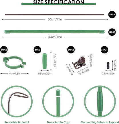 20 Set Plant Stakes 12 inch Extendable Plant Support Stakes with Adjustable Clips Rings, Flower Stem Plant Support Sticks for Indoor Outdoor Plants Stabilizer Garden Sticks for Orchid Rose Tomato