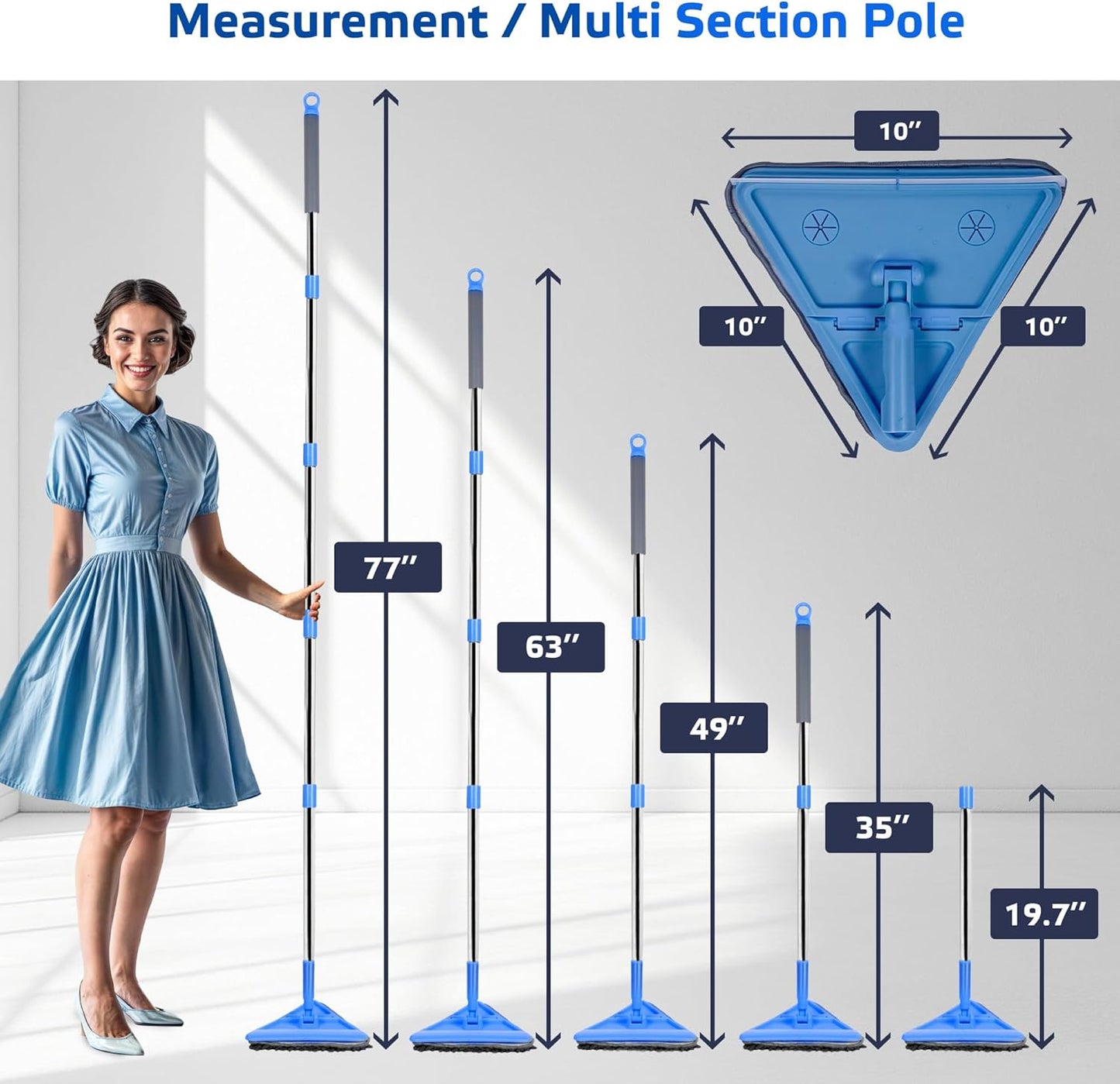 DSV Standard Wall Mop, 77 Inches Long Handle Wall Cleaner with Squeegee, 3-in-1 Wall Cleaner Mop with 3 Microfiber and 3 Chenille Pads, 360° Wall Cleaning Tool for Ceiling, Baseboard, Window, Floor