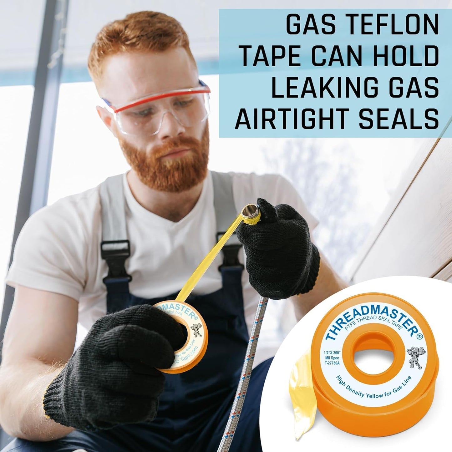 TAPEWELL Yellow Gas Pipe Thread Sealant Tape - 1/2" Width, Pack of 1 | 260" Length, Yellow Thread Seal Tape for Propane, Natural Gas, and More