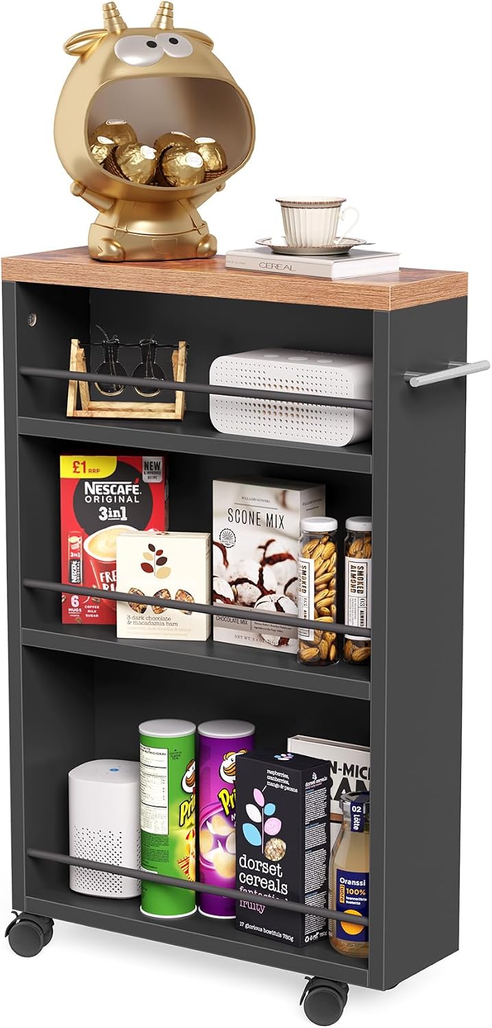 LITTLE TREE 4 Tier Rolling Cart with Wheels, 6.3 Inch Slim Storage Cart, Wooden Snack Cart with Narrow Shelf, White Laundry Room and Bathroom Organizer Shelves