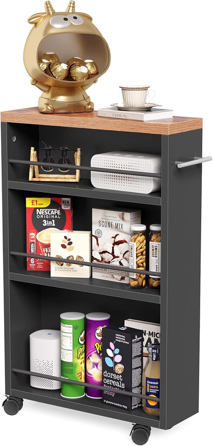 LITTLE TREE 4 Tier Rolling Cart with Wheels, 6.3 Inch Slim Storage Cart, Wooden Snack Cart with Narrow Shelf, White Laundry Room and Bathroom Organizer Shelves