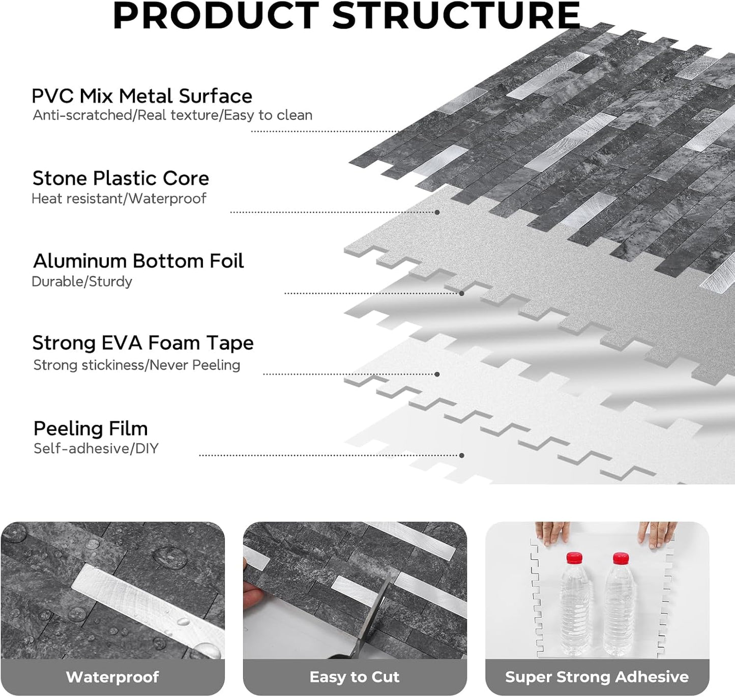 STICKGOO Peel and Stick Backsplash Tile, Stick on Backsplash for Kitchen and Bathroom, Volakas White Look PVC Mixed Metal Silver Self Adhesive Wall Tiles(Sample)