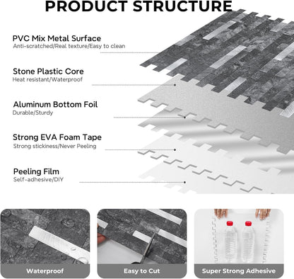 STICKGOO Peel and Stick Backsplash Tile, Stick on Backsplash for Kitchen and Bathroom, Volakas White Look PVC Mixed Metal Silver Self Adhesive Wall Tiles(Sample)