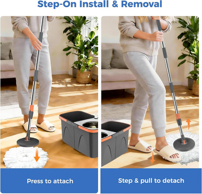 YASHE Foldable Spin Mop and Bucket System, Dual-Bucket Cleaning & Stainless Steel Wringing, Collapsible Storage with Detergent Bottle, 2 Reusable Microfiber Mop Heads for Floor Cleaning