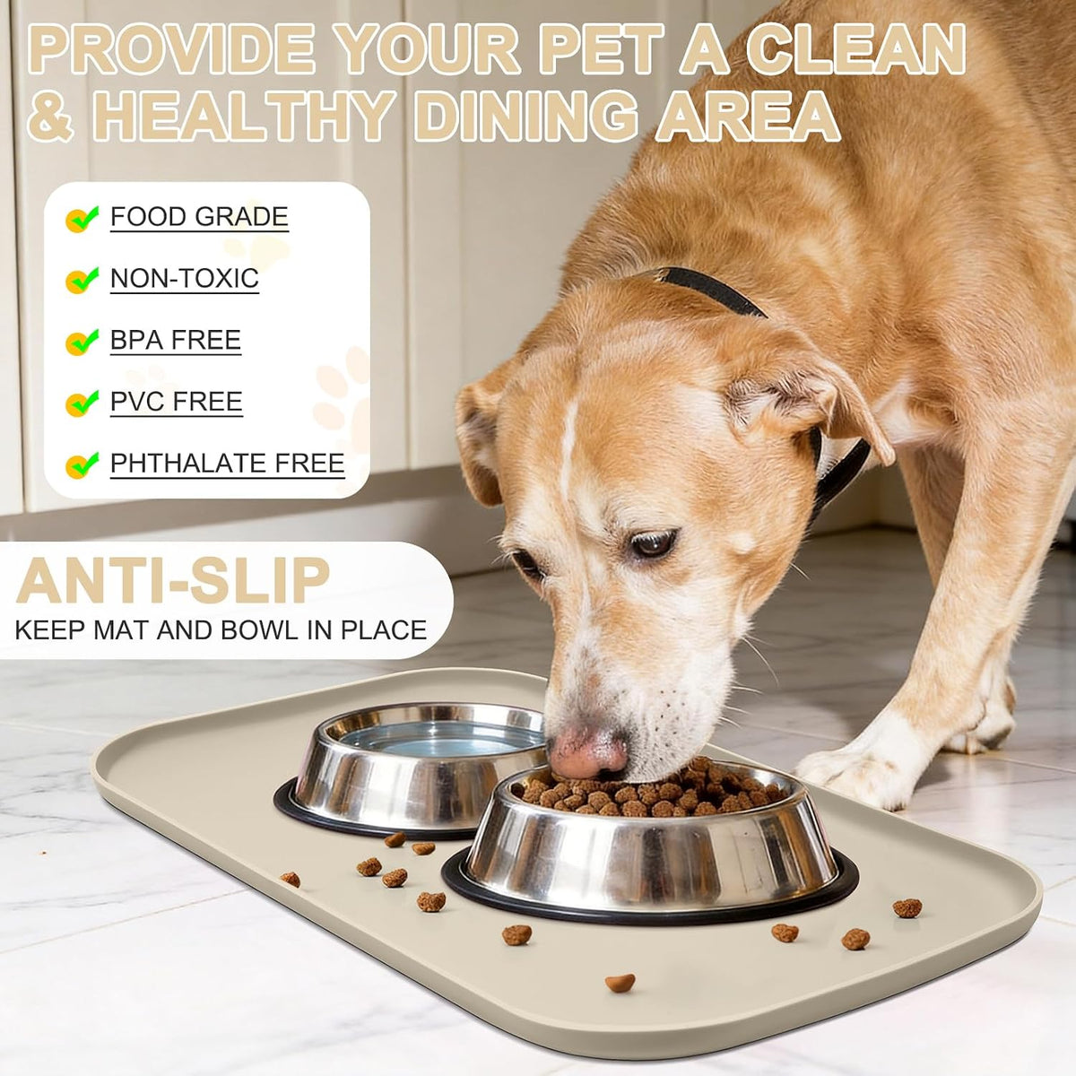 SMILOOL Silicone Pet Food Mat with Raised Edge for Food and Water Bowl, Dog Feeding Mats, Cat Food Trays for Floor Waterproof, Rubber Tray for Dogs and Cats, 19 x 12 x 0.7 Black