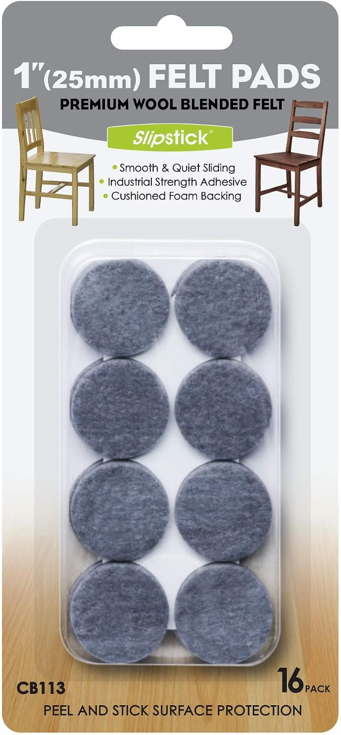 Slipstick Premium Wool Felt Furniture Pads/Floor Protectors (1 Inch Round Value Pack) Includes 40 Heavy-Duty Felt Chair Leg Pads with Self-Stick Adhesive, Gray, CB115