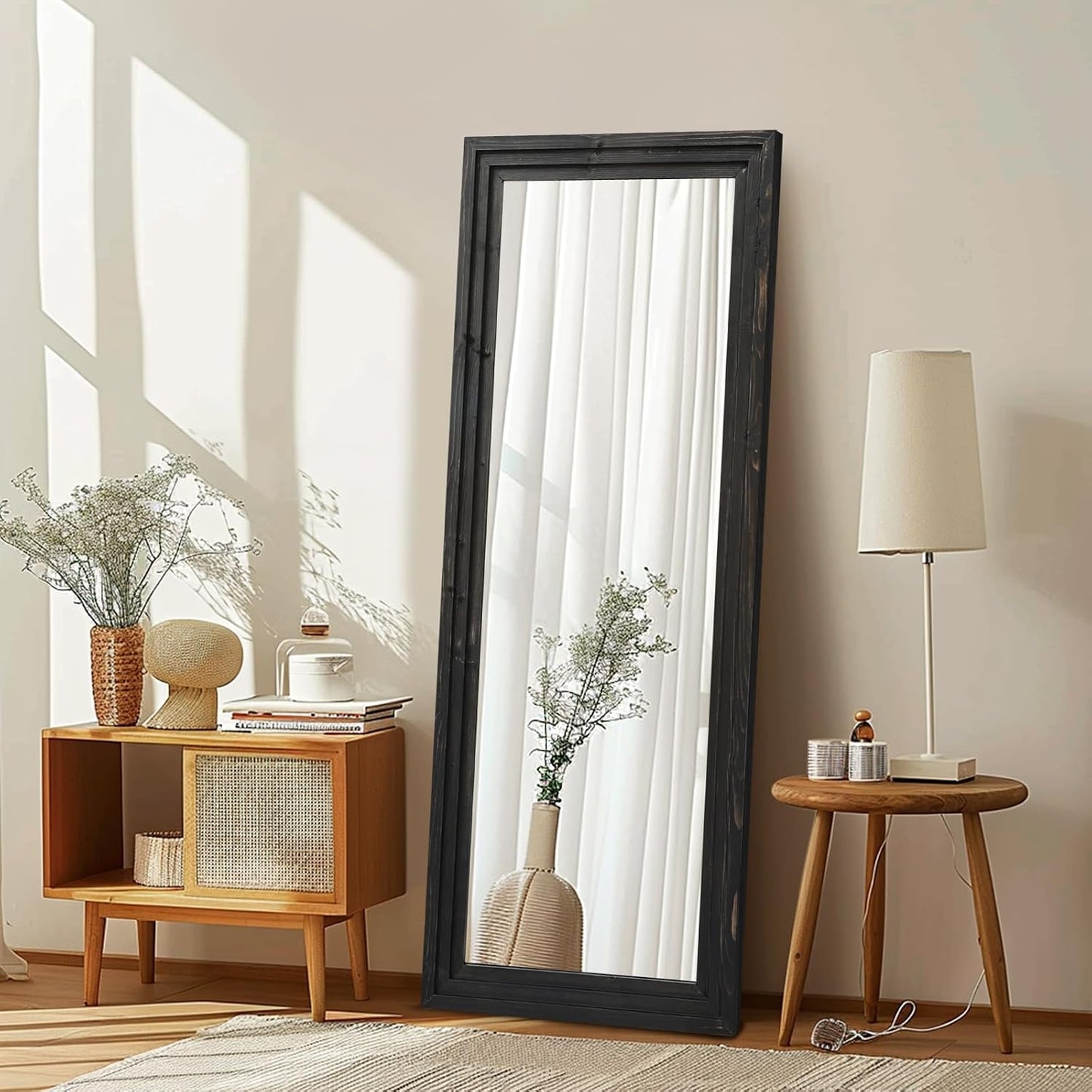 Full Length Mirror 65"x22" with Stand Solid Wood Frame Floor Large Mirror for Living Room, Bedroom Hanging Standing or Leaning Wall-Mounted, New Black