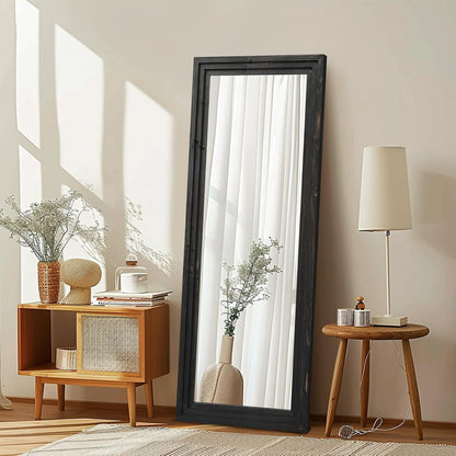 Full Length Mirror 65"x22" with Stand Solid Wood Frame Floor Large Mirror for Living Room, Bedroom Hanging Standing or Leaning Wall-Mounted, New Black
