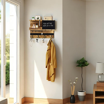 Key Holder for Wall Mount with Shelf and Mail Organizer, Key and Mail Holder with 16 Hooks, Farmhouse Entryway Organizer, Home Decor Rack (Pine Wood, Black)