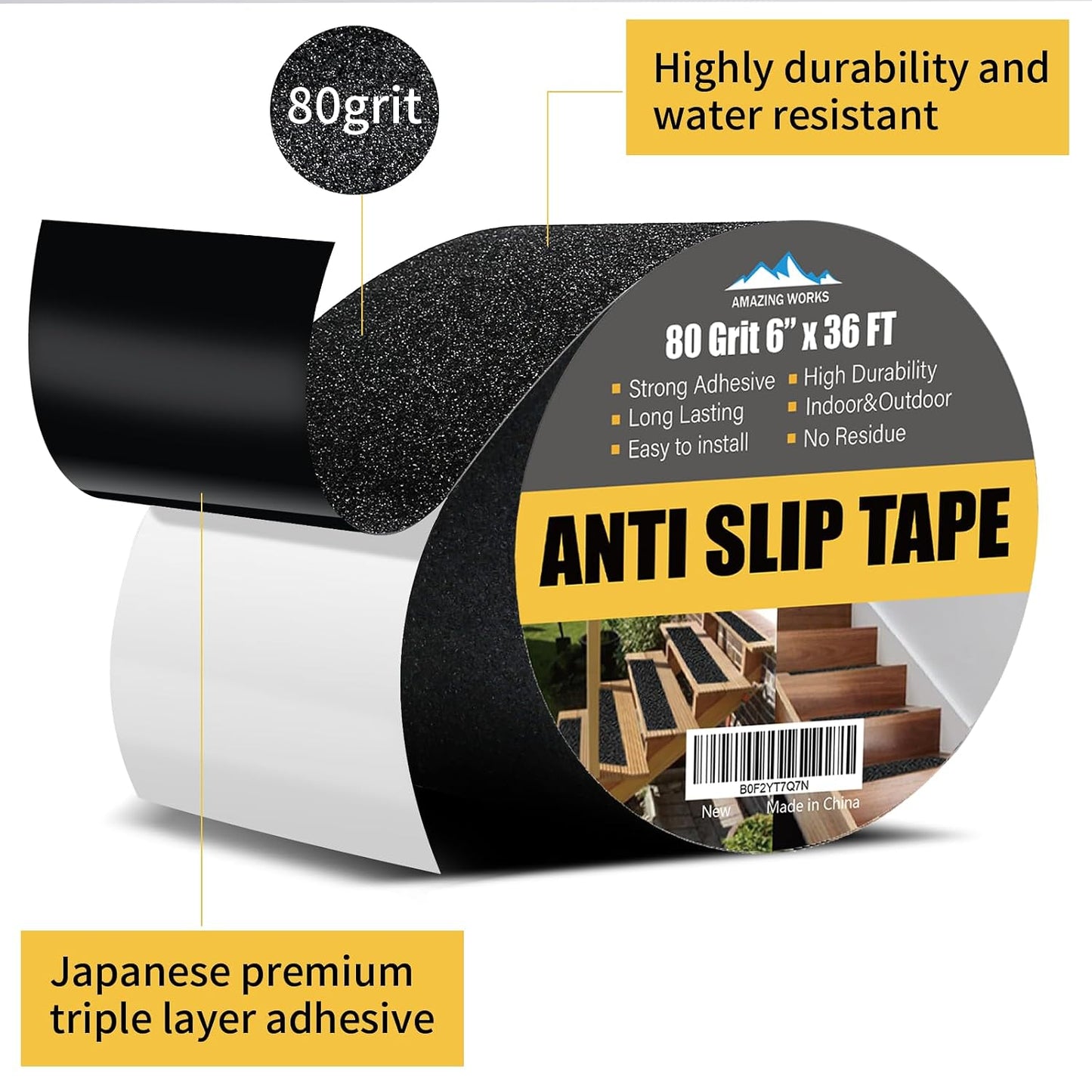 Grip Tape - Heavy Duty Anti Slip Tape 80 Grit Non Slip for Stairs Outdoor/Indoor, Waterproof High Traction Stairs Non Skid Treads, Durable Triple Layer Adhesive - Black (1 Inch x 20 Feet)