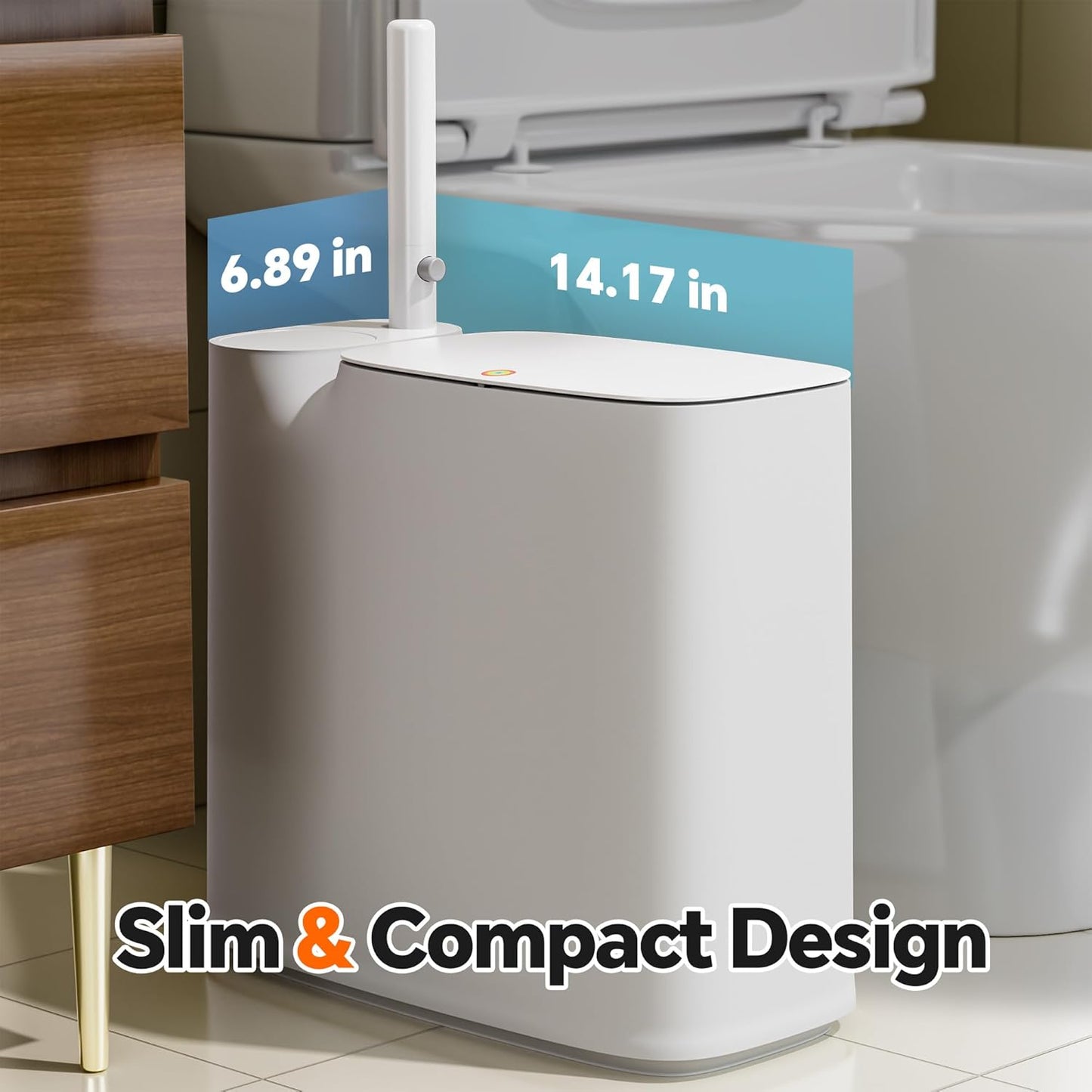 Small Bathroom Trash Can with Lid, Disposable Toilet Brush with 12 Refills, Toilet Bowl Cleaning Wand Set-2 Gallon Silm Garbage can and Toilet Brush Holder for Bathroom, Toilet, RV(White)