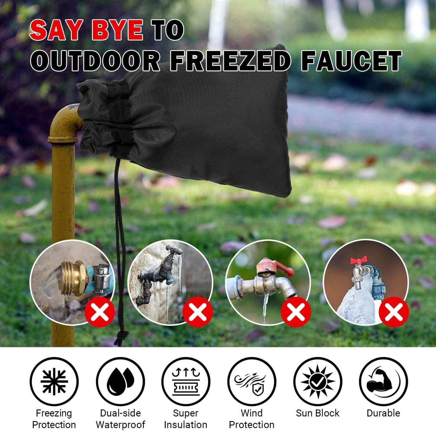 Outdoor Faucet Covers for Winter,9.8"x 7" Lengthened Outside Water Spigot Cover for Winter Freeze Protection,3M Thinsulate & 420D Oxford Waterproof Garden Faucet Socks for Winter,Black(2packs)