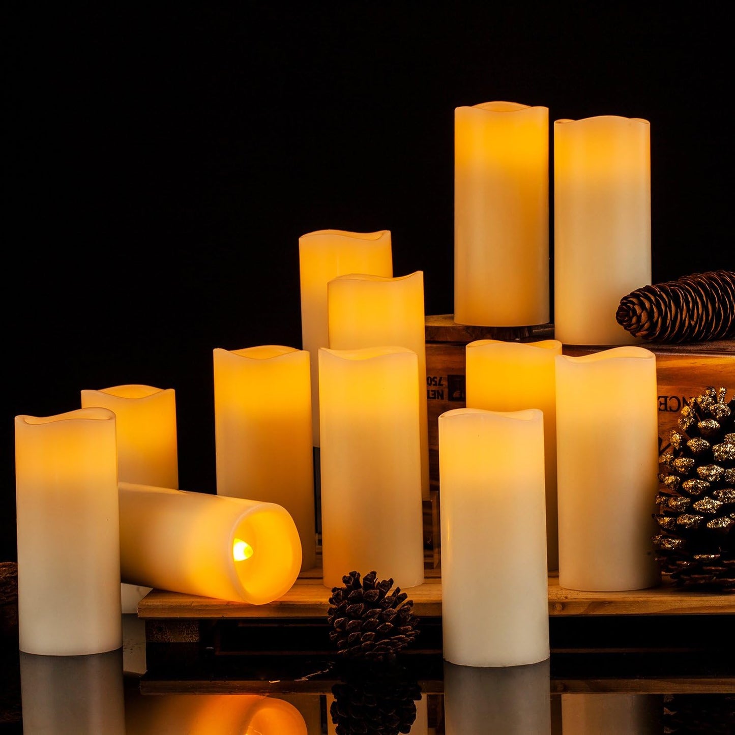 Enpornk Flameless Battery Operated Outdoor Waterproof Set of 12(D: 3" x H: 3" 4" 5" 6") Pillar LED Candles with 10-Key Remote and Cycling 24 Hours Timer