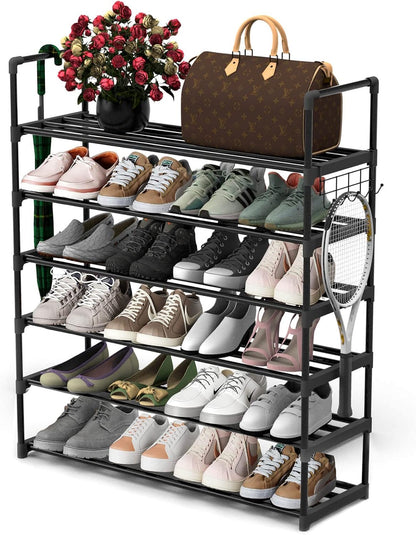 Hsscblet 5 Tiers Metal Shoe Rack,Adjustable Shoe Shelf Storage Organizer with Hooks,Stackable Boot & Shoe Storage,for Entryway,Hallway,Closet,Black