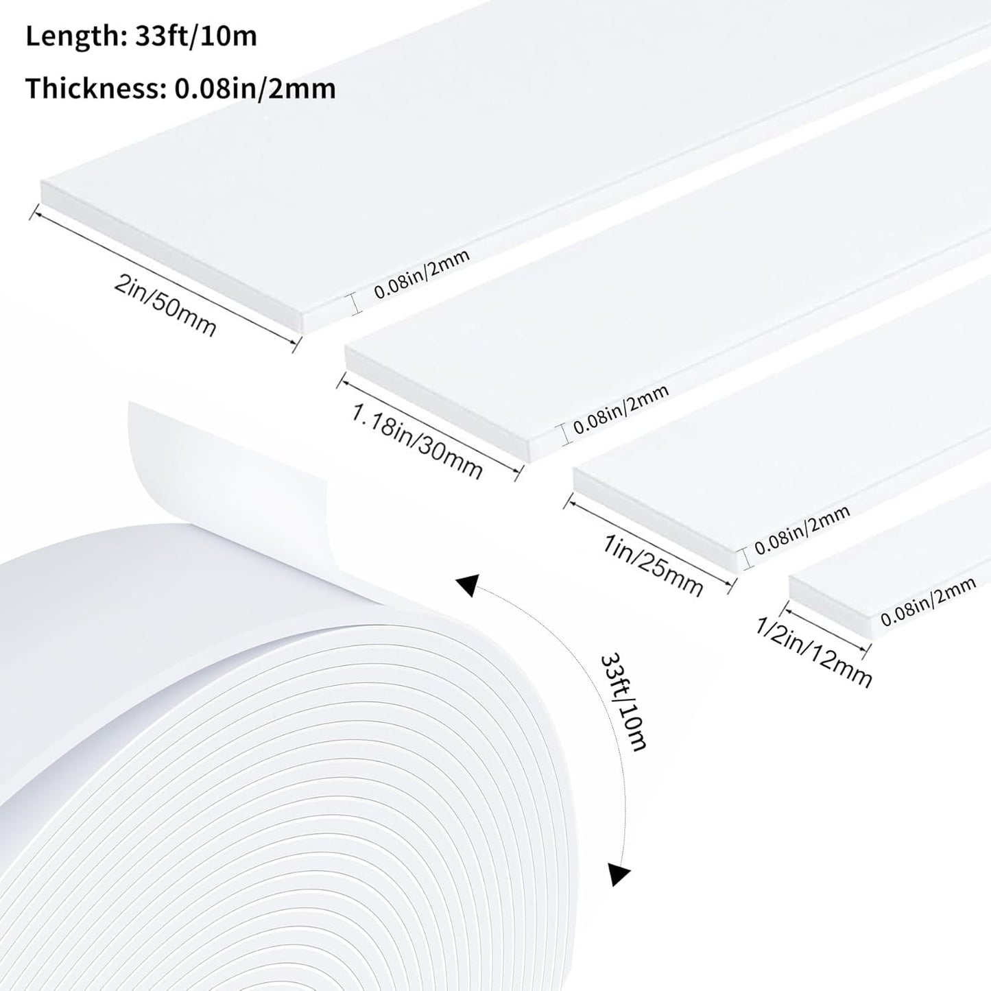 Weather Stripping Door Seal White,1/2Inch Wide X 1/4 Inch Thick,Air Conditioner Window Seal,Self Adhesive Foam Tape High Density Foam Sealing Strip,Soundproof Foam Tape Roll,Total 16.4 Feet Long