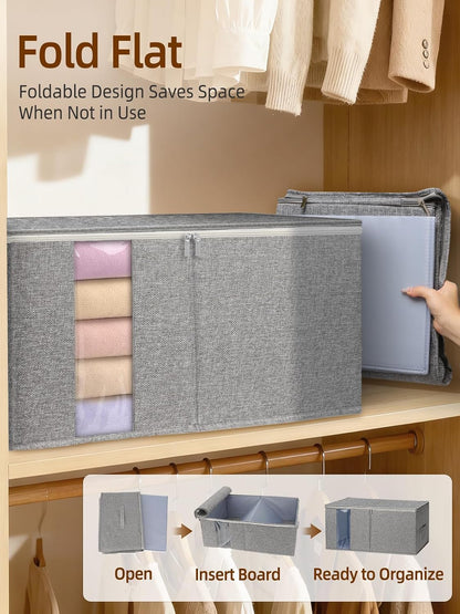 60L Blanket/Comforter Storage Bag w/Rigid Side & Bottom Support, Stackable Clothes Storage Bin for Sweaters Bedding Sets Quilts Pillows, Closet Organizer, 21.7x14.2x11.8in, 2 Pack, Gray