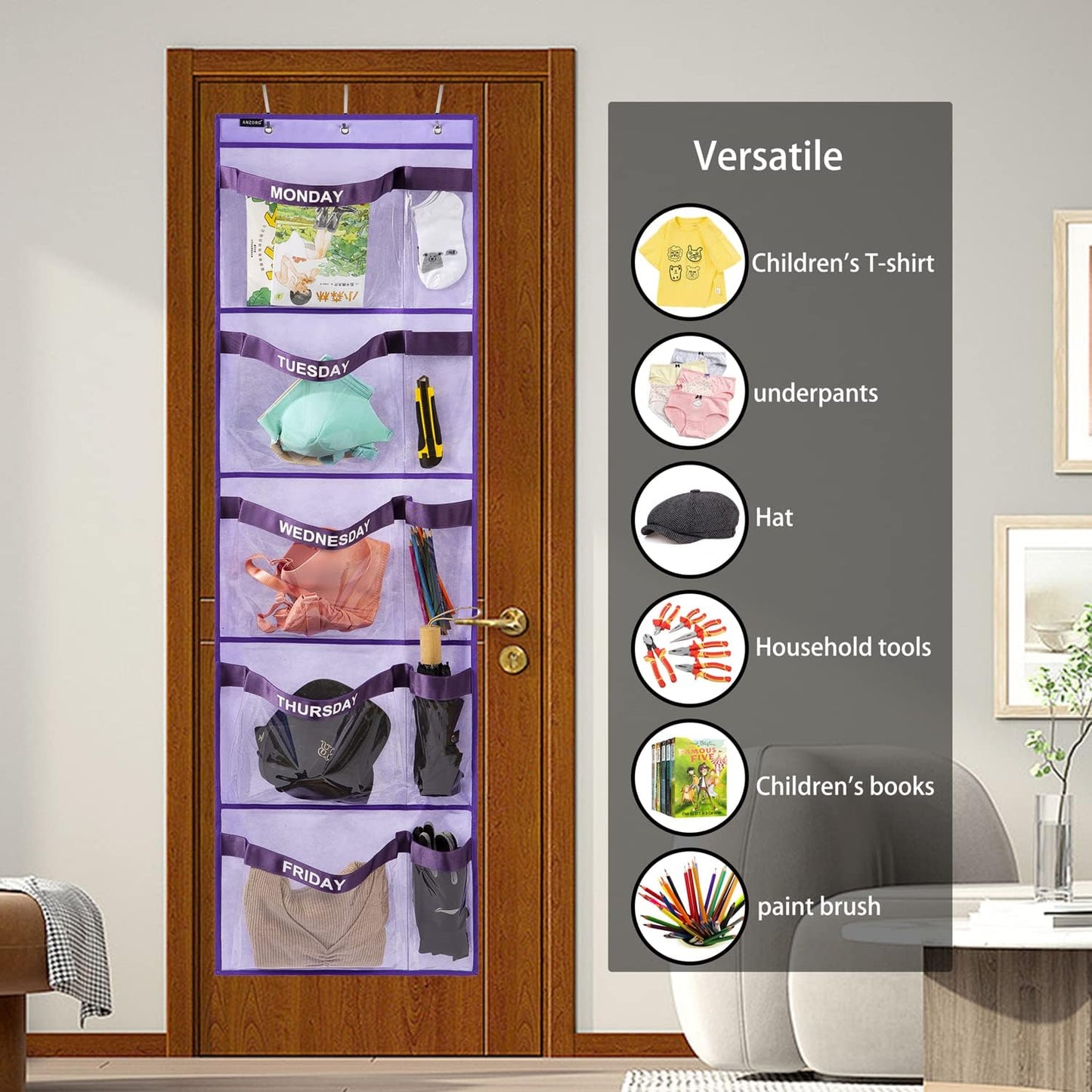 Weekly Kids Clothes Organizer Day of Week School Clothing Storage Monday to Friday Hanging Closet Organizer (GREY)