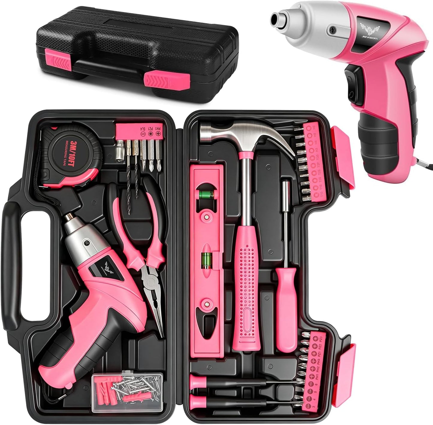JENABOM Pink 3.6V USB Cordless Electric Screwdriver & Household Tool Kit | Power Screwdriver and Hand Tools in a Compact Box Case for Small Repair and Maintenance- Ideal Housewarming Gift, 112Pcs