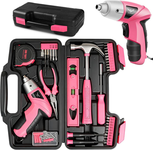 JENABOM Pink 3.6V USB Cordless Electric Screwdriver & Household Tool Kit | Power Screwdriver and Hand Tools in a Compact Box Case for Small Repair and Maintenance- Ideal Housewarming Gift, 112Pcs