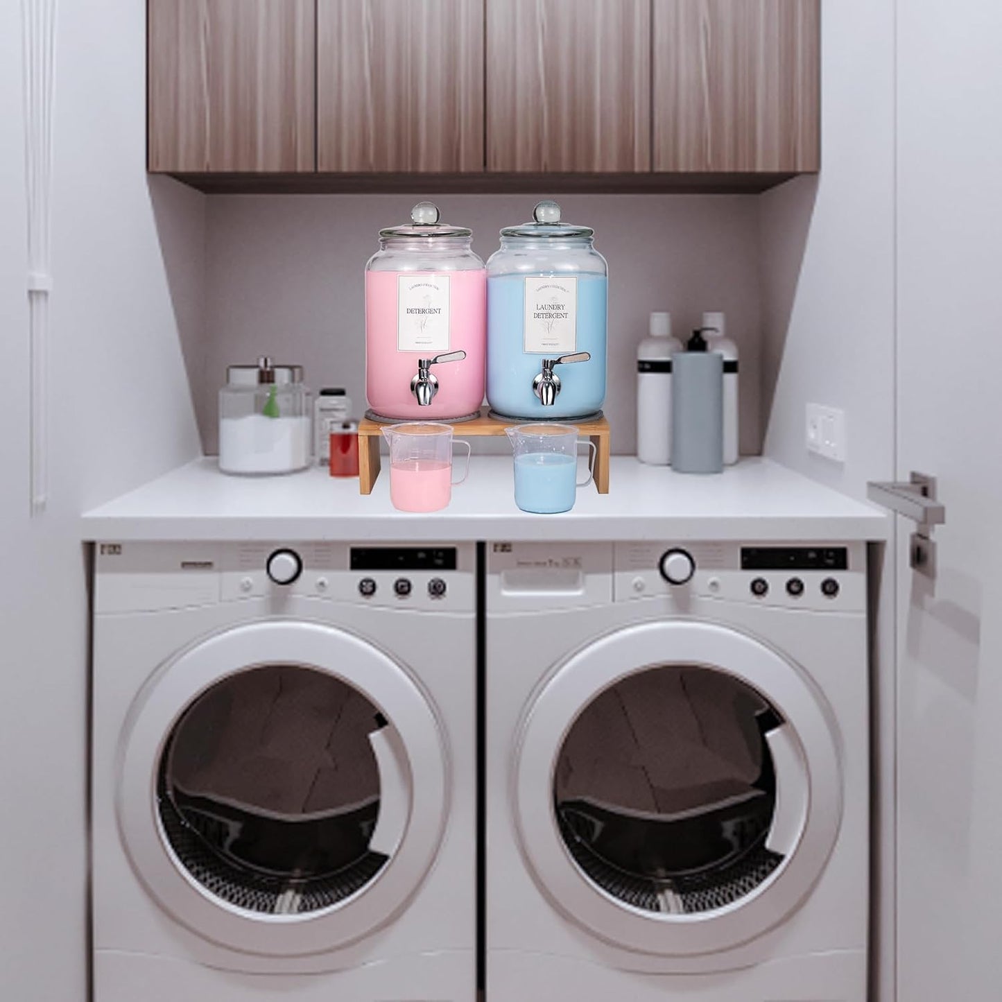 Large Liquid Laundry Detergent Dispenser with Spigots and Measuring Cups,108oz Leak-Proof Glass Fabric Softener,Reusable Glass Detergent Dispenser for Laundry Room Organizer and Storage(1)