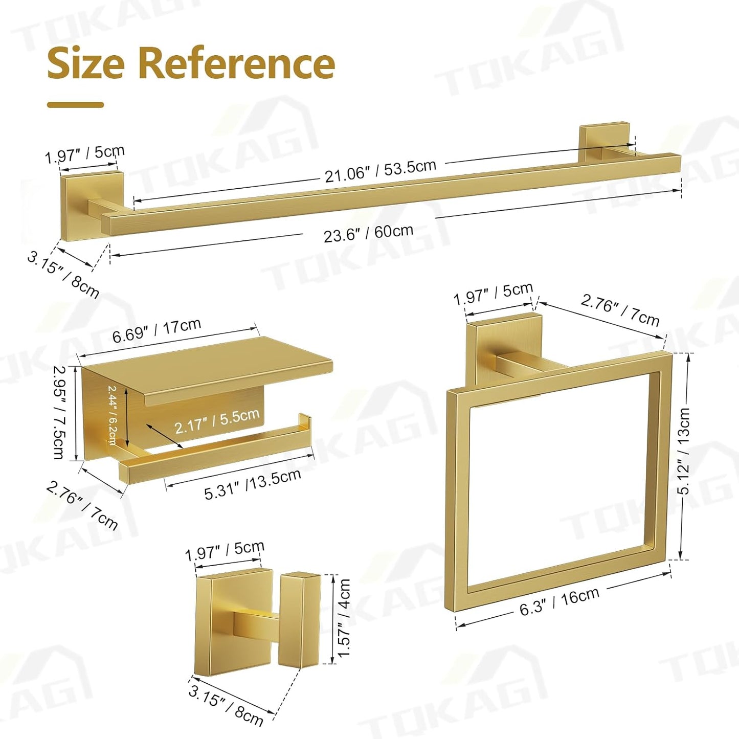 TQKAG Brushed Gold Bathroom Hardware Accessories Set 10 Pieces, 23.6" SUS304 Stainless Steel Towel Bar Set Wall Mounted Includes Single Towel Bar, Towel Ring, Toilet Paper Holder, Double Towel Hooks