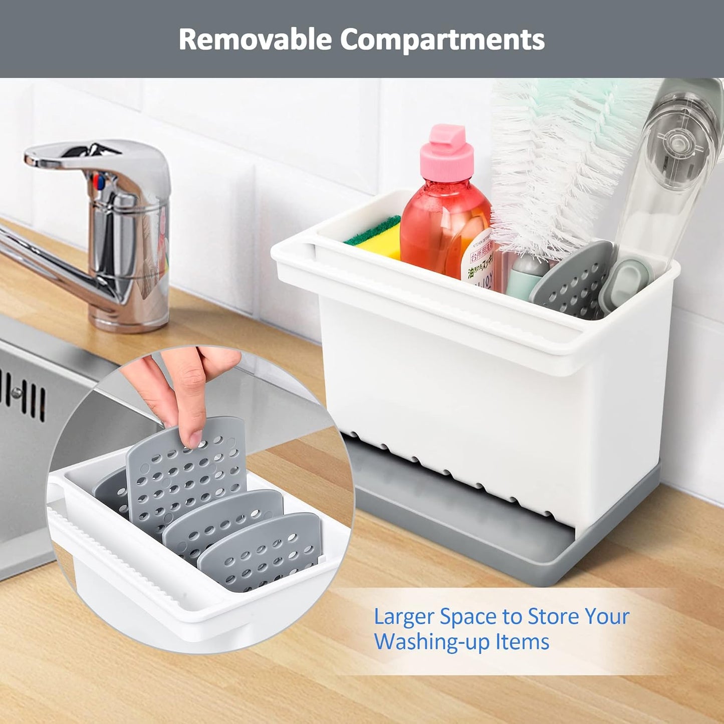 JOMOLA Kitchen Sink Organizer Dish Brush Sponge Holder Caddy Toothbrush Holders for Bathrooms Sinkware Kitchen Utensil Holder Sink Caddy Organizer with 4 Separate Dividers Removable Drain Tray (Grey)