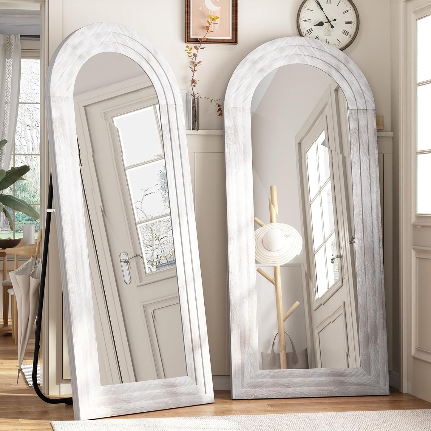 ZHUNFA Arched Full Length Mirror with Solid Wood Frame | 65x22 Farmhouse Wall Mirror Full Length with Stand, Vertical Hanging, Leaning Standing for Bedroom,Living Room, Rustic White