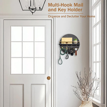 dreampossible Key Holder for Wall Decorative with Shelf and Hooks, Mail Organizer Wall Mount, Circular Design Entryway Key Rack Hanger, Rustic Home Decor (Black)